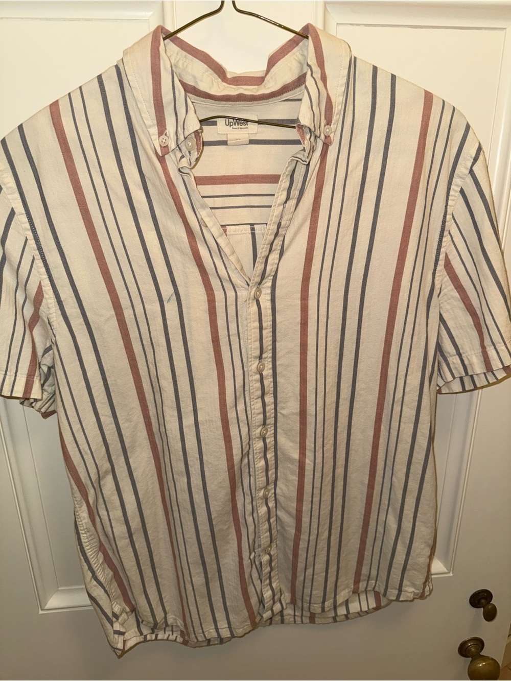 UpWest Men's Short Sleeve Button-Up Shirt in Cream with Blue and Rust Stripes